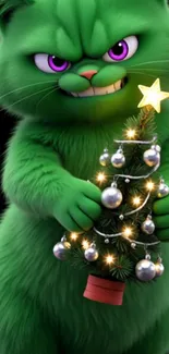 A grumpy green cartoon cat with a Christmas tree.