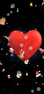 Festive Christmas wallpaper with red heart and holiday symbols.