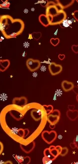 Festive wallpaper with hearts and Christmas motifs on a red background.