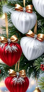Heart-shaped ornaments on Christmas tree branches.