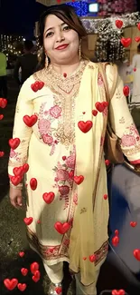 Woman in festive outfit with red hearts.