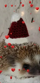 Adorable hedgehog wearing a Santa hat surrounded by red hearts.