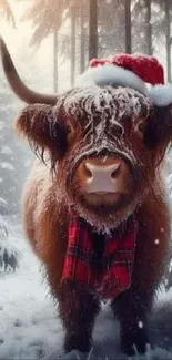 Highland cow with Santa hat in snowy forest.