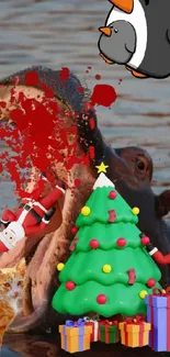 Hippo with Christmas tree and animals in water, playful festive theme.