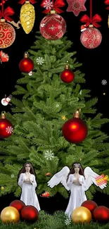 Christmas tree with ornaments and angels, holiday wallpaper.