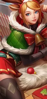 Anime character in Christmas attire, laying on a festive background.