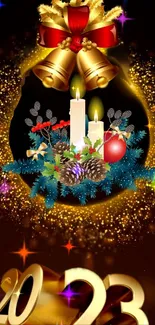 Festive wallpaper with golden bells, candles, and Christmas decorations.