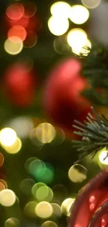 Festive wallpaper with bokeh lights and Christmas decorations.