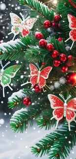 Festive wallpaper featuring butterflies on a Christmas tree with snow and decorations.