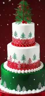 Festive holiday cake with tiers and Christmas decorations.