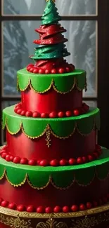 Festive Christmas cake with tree decoration and vibrant colors.