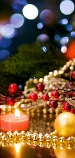 Festive holiday scene with candle and decorations.