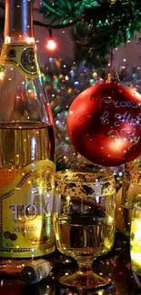 Festive holiday wallpaper with wine and ornament under Christmas tree.