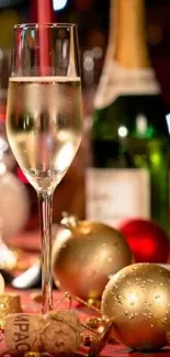 Festive holiday table setting with champagne glasses, golden ornaments, and red decor.