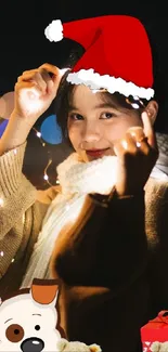 Festive scene with person in Santa hat and holiday lights