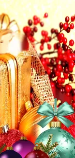 Golden gift and festive ornaments with red berry accents.