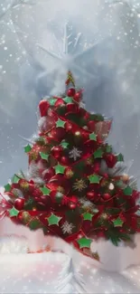 Vibrant Christmas tree with red and green decorations in a snowy background.