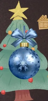 Festive Christmas tree with blue ornament and star design.