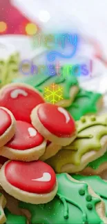 Festive holiday cookies with red and green icing on a plate.