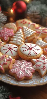 A decorative plate of Christmas-themed cookies with festive designs.