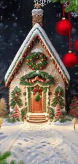 Festive snow-covered cottage with red holiday ornaments and wreaths.