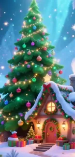 Cozy snow-covered holiday cottage with decorated Christmas tree.
