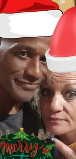 Couple wearing Santa hats with Merry Christmas message.