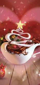 Festive wallpaper with coffee cup and Christmas star decorations.