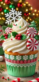 Festive holiday cupcake with candy decorations.