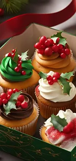 Festive cupcakes with decorative berries and frosting.