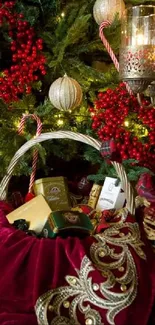 Festive holiday decor with red and green accents, featuring candles and a gift basket.