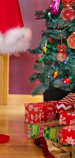 Festive decor with Christmas tree and gifts in vibrant holiday atmosphere.