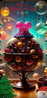 Colorful Christmas dessert display with festive decorations on mobile wallpaper.