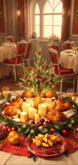 Festive dining room with Christmas decor and holiday treats.