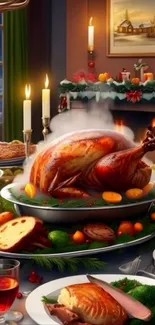 Festive dinner table with roasted turkey centerpiece