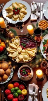 Festive holiday dinner table with food and candles.