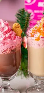 Festive display of holiday drinks with pink decorations.