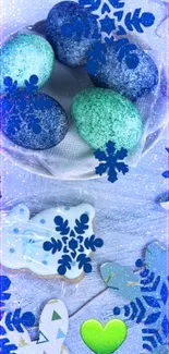 Colorful Easter eggs with blue snowflakes on a festive wallpaper.