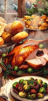 A festive holiday feast with roasted turkey and seasonal decorations.