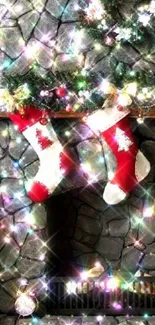 Festive holiday fireplace wallpaper with stockings and twinkling lights.