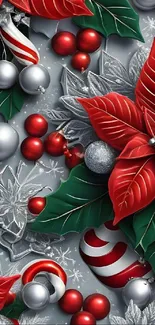 Festive Christmas wallpaper with poinsettias and ornaments.