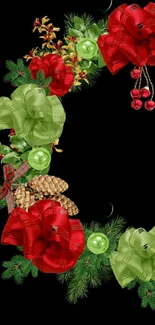 Festive floral wreath design with red and green ribbons on black background.