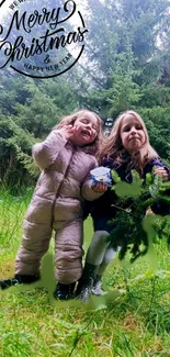 Children celebrating Christmas in a green forest setting.