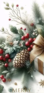 Festive holiday gift with pine and berries.