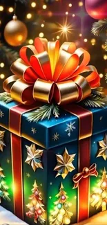 Festive gift box with Christmas decorations in vibrant colors.