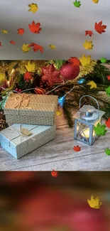 Festive holiday scene with gifts and colorful leaves.