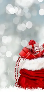 Red gift sack with snowflakes and blurred bokeh lights, perfect for holiday season.