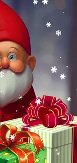 Festive wallpaper with gnome, gifts, and snowflakes.