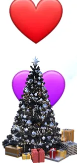 Festive holiday wallpaper with tree, presents, and colorful hearts.