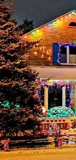 Festive house with colorful Christmas lights at night.